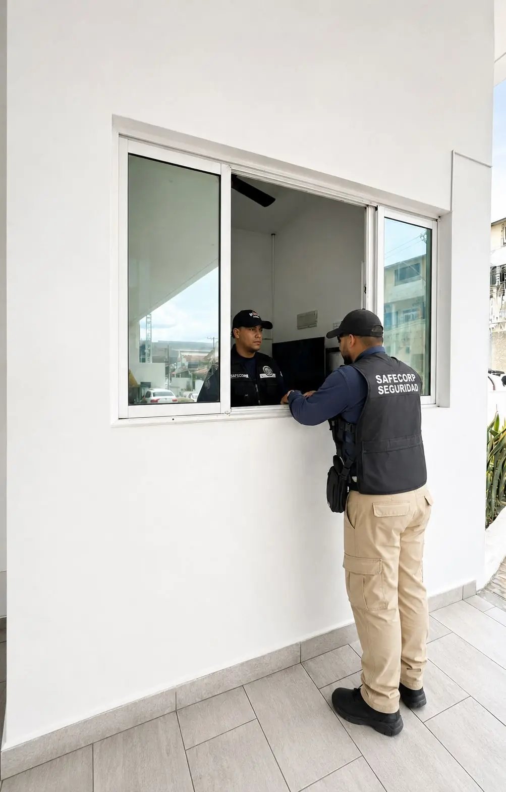 Supervisión motorizada de SAFECORP coordinando con agente de garita en Panamá