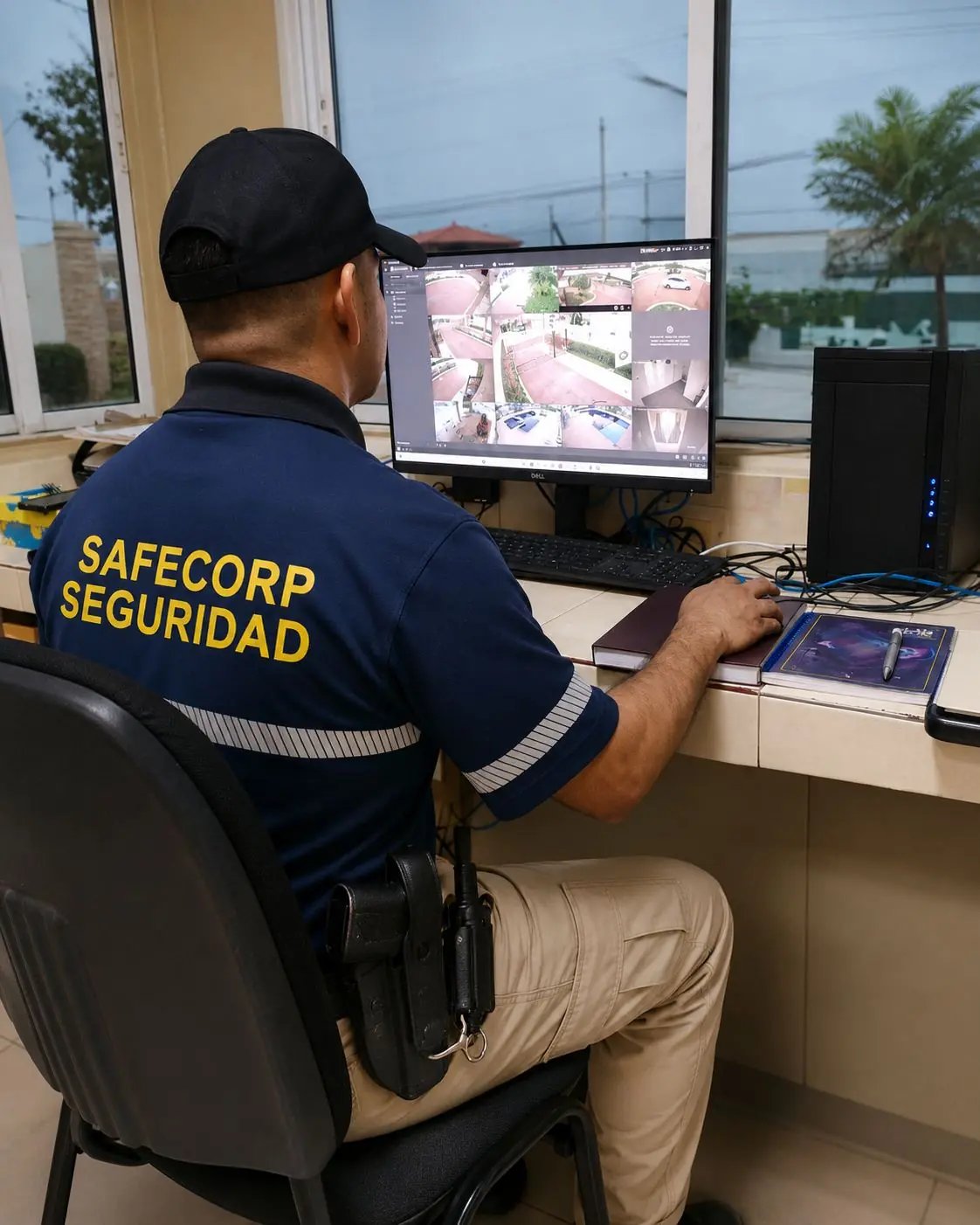 SAFECORP guard monitoring security cameras in real time from their station