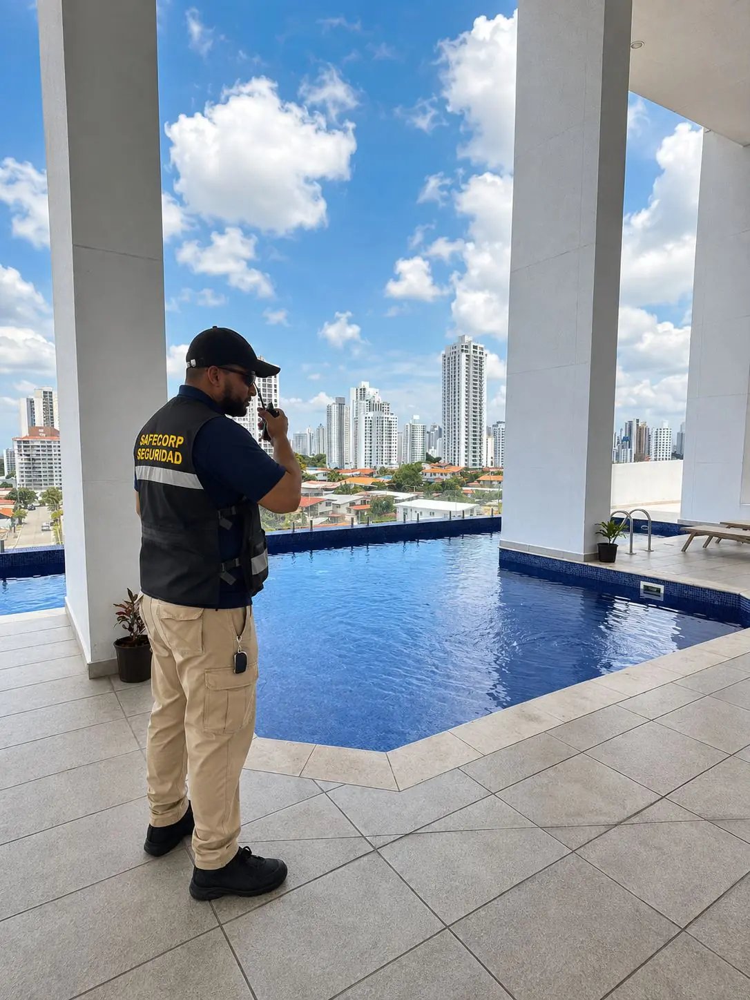 SAFECORP guard communicating by radio during a patrol round